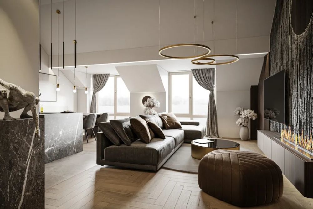 宽敞的开放式厨房,大理石岛台和闪亮的黄铜元素并置,带来现代都市的