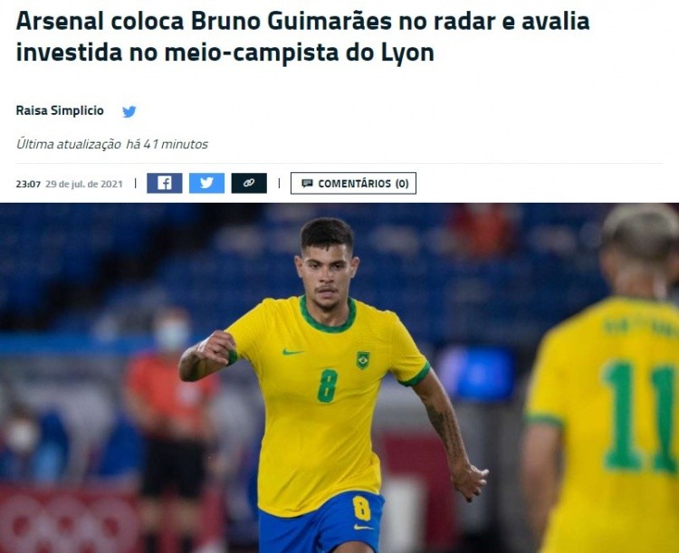 网记者辛普利西奥报道,阿森纳有意引进里昂的巴西中场布鲁诺-吉马良斯