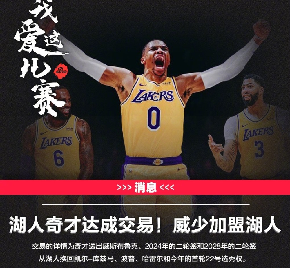 威少加盟湖人组360组合,湖人总冠军!