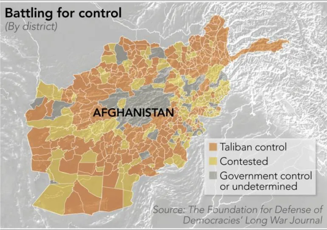 塔利班控制的地區(橙色)