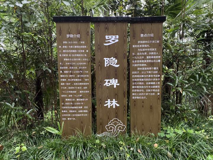 省道到新登,来到贤明山下,沿着步道拾阶而上,来到了半山腰的罗隐碑林