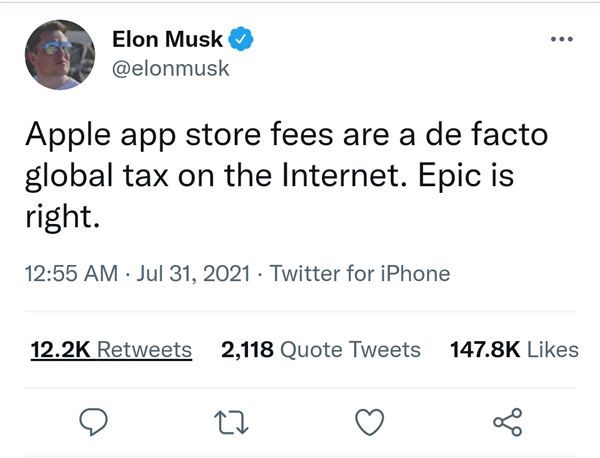马斯克力挺Epic！称苹果商店佣金是全球互联网税