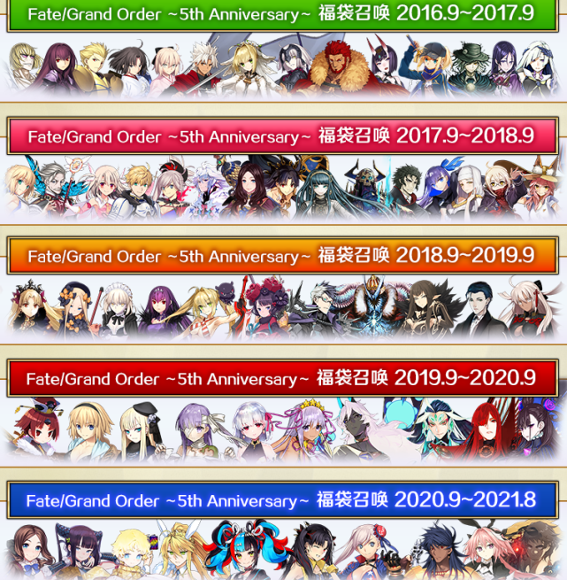 fgo国服五周年福袋公开 按游戏时间轴划分 毒性略高的五大卡池
