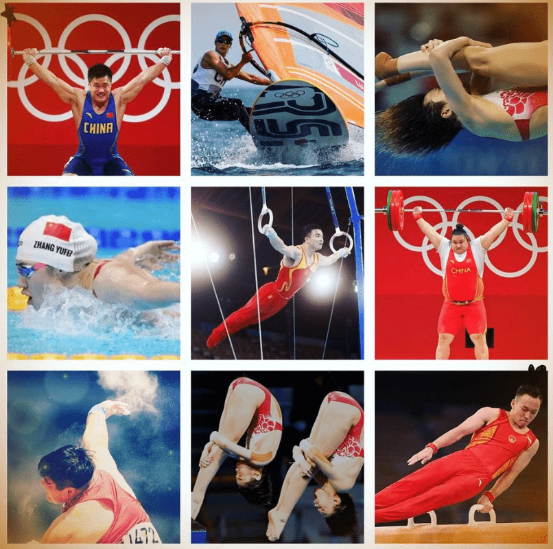 佘诗曼一边精心挑选了九张我们奥运健儿夺冠瞬间,拼成九宫格发布,简单