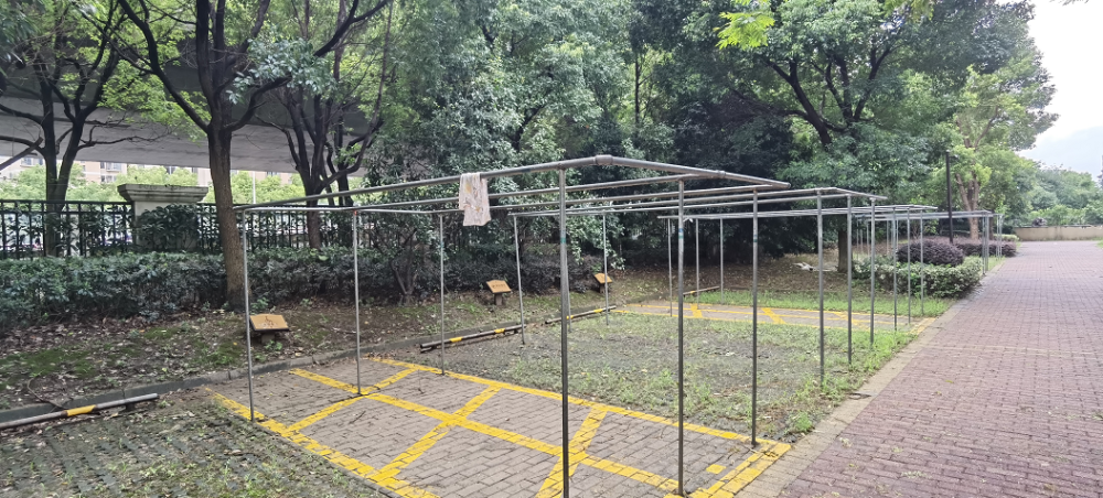 路边的绿化中也有一些 竹竿搭设的晾衣区域,很是影响美观.