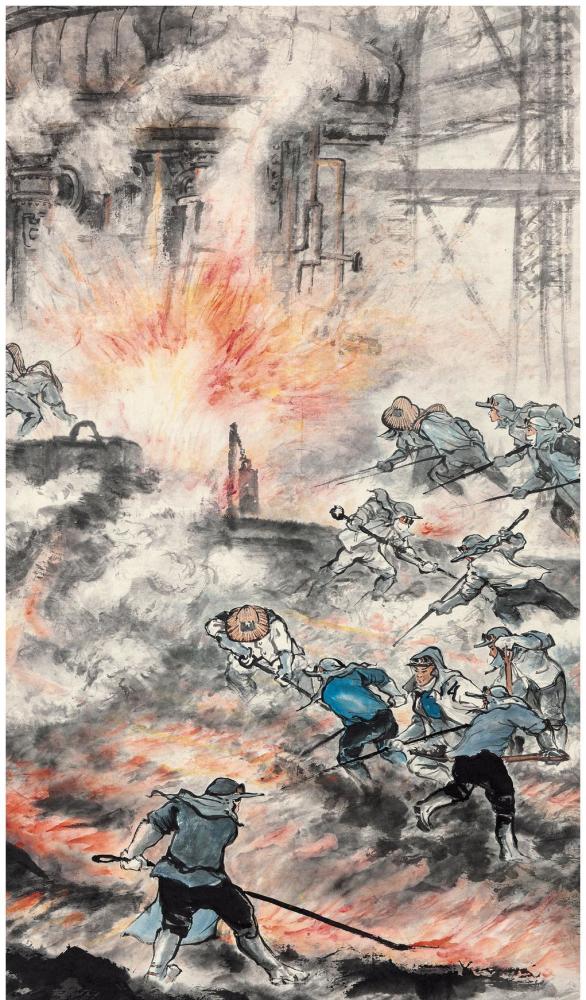 画家朱梅邨创作的《大炼钢铁》国画,钢铁厂内,熔炉火光四射,炼钢工人