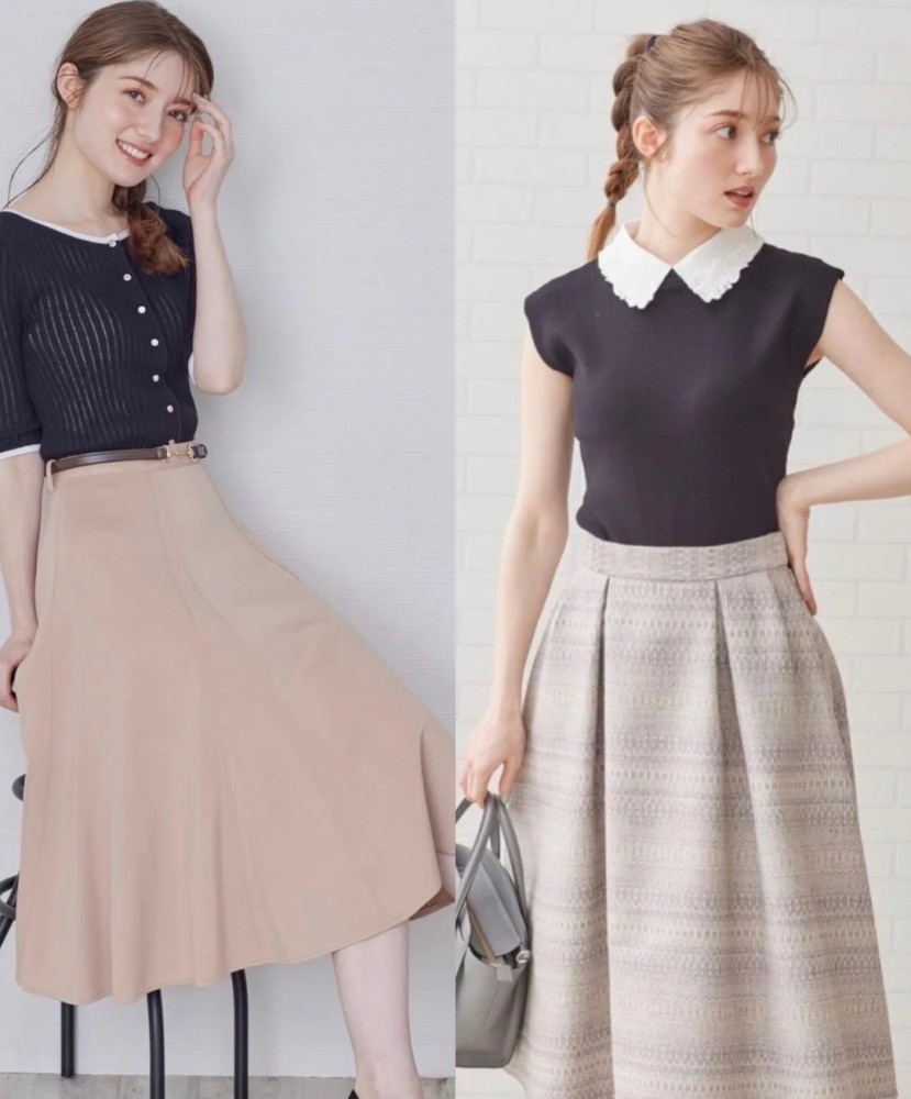 相对于基础的黑灰色来讲,浅色系的半身裙会更加友好,一方面在色彩搭配