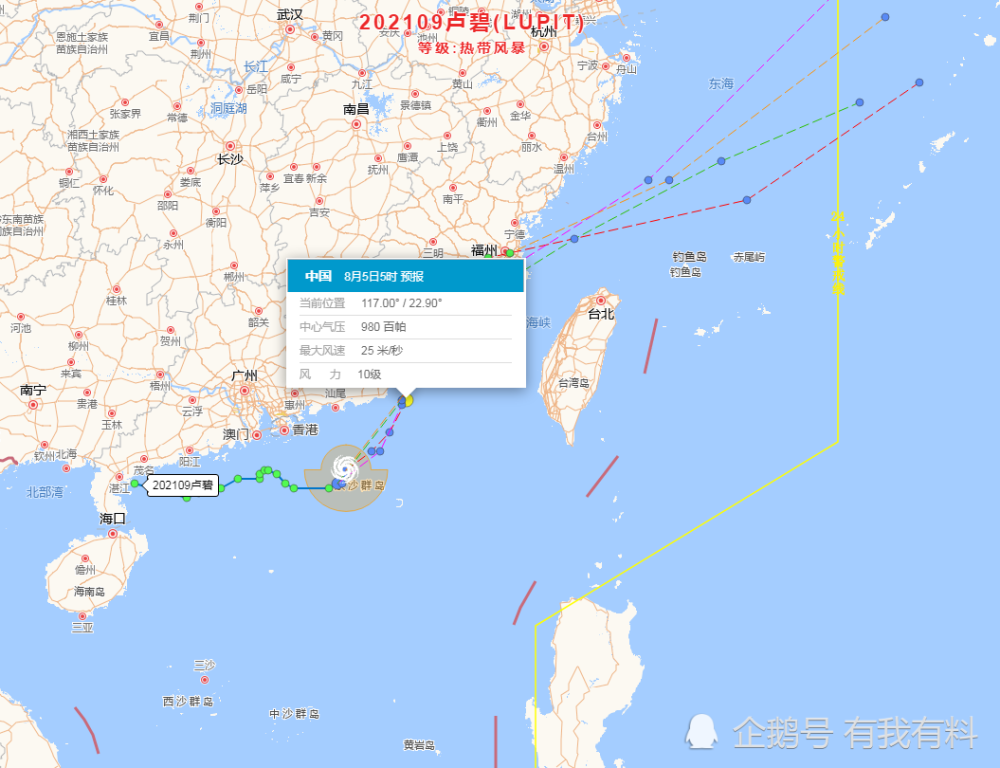 本年第9号台风“卢碧”将来3天移动路径预测：5日在广东福建沿海登岸