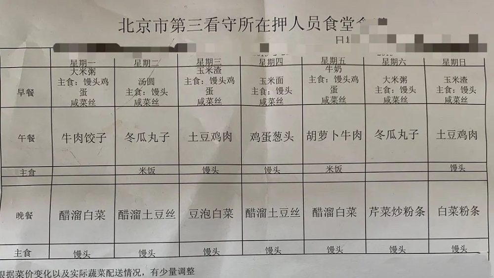 吴亦凡"入狱"后的伙食表来了,一荤一素馒头水饺,吃得比网友好