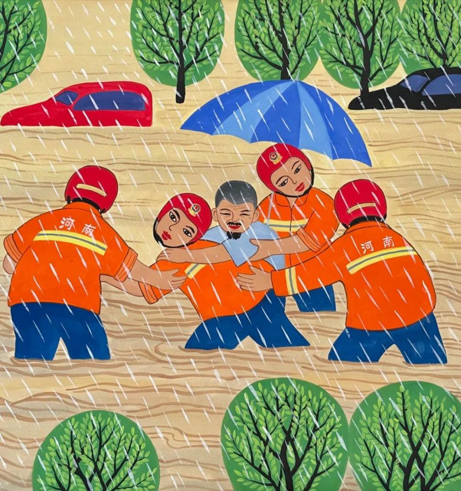 河南暴雨救援绘画图片