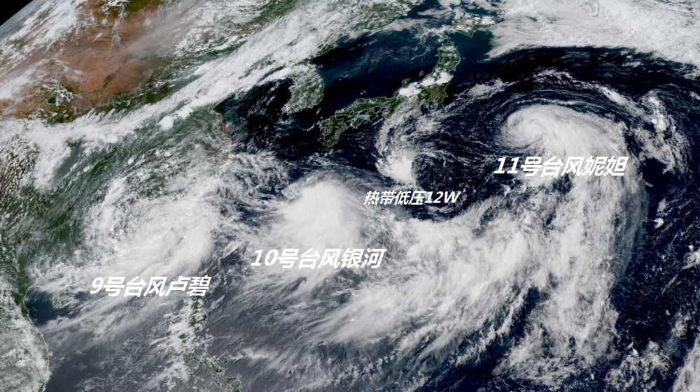 加上日本以南洋面上的热带低压12w,和我国南部沿海的9号台风卢碧,目前