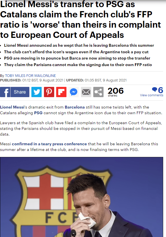 巴萨俱乐部 前巴萨律师阻止梅西转投法甲 已投诉巴黎违反FFP