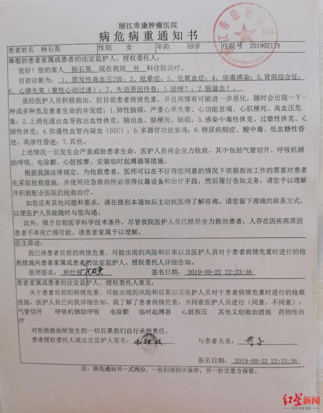 兩個小時後,和鐵城收到了醫院下發的《病危病重通知書》.