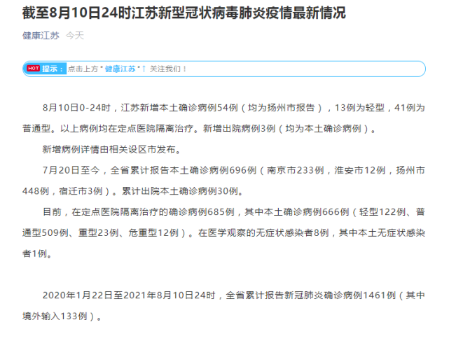 中国网8月11日讯 据江苏省卫健委微信公号"健康江苏"消息,8月10日0-24