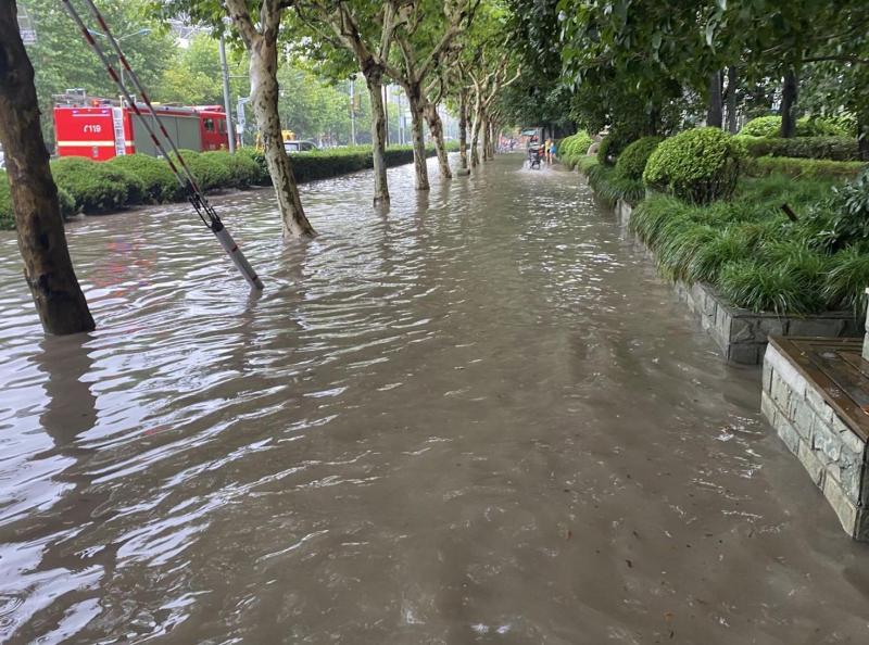 上海大到暴雨市区部分路段现积水浦东部分路段被积水淹没积水可至小腿