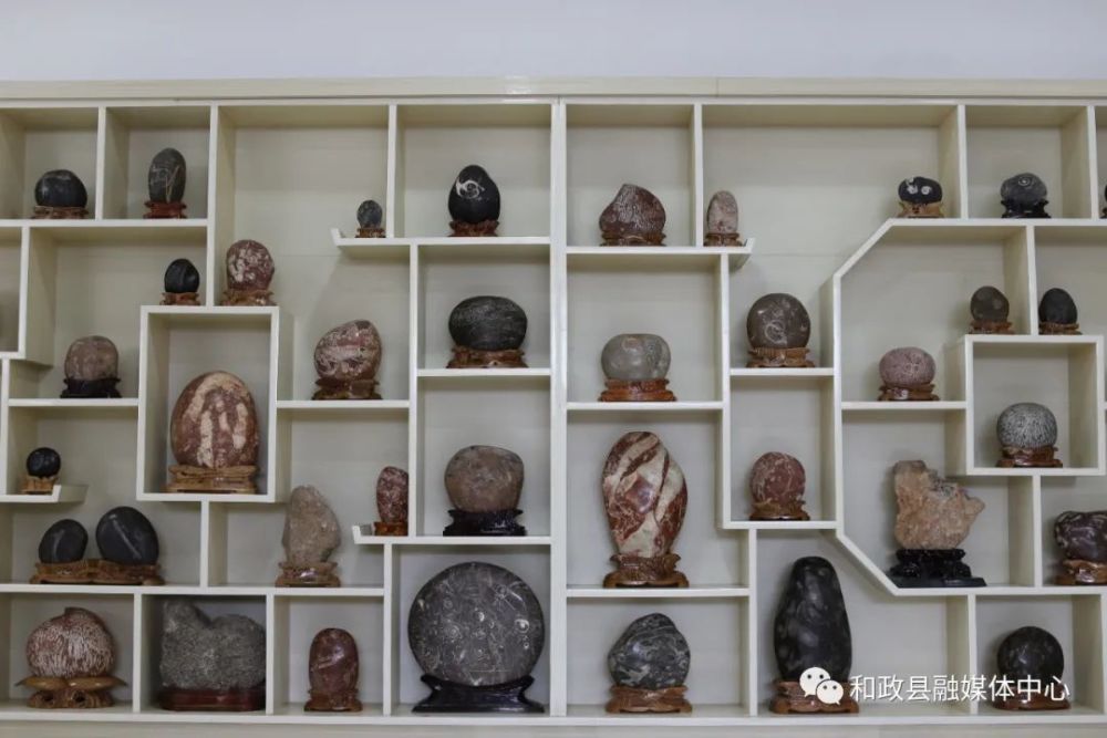 奇石类展厅,展厅面积360平方米,在展厅中制作展柜,展台,柜架对馆藏的