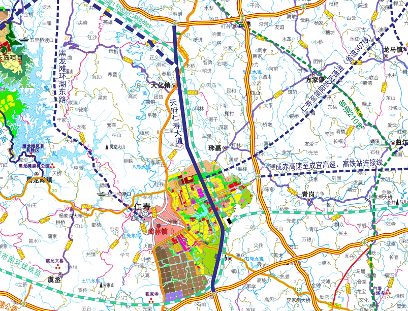 仁寿县""五高五铁  五纵五横"综合交通规划图并且以天府国际机场为