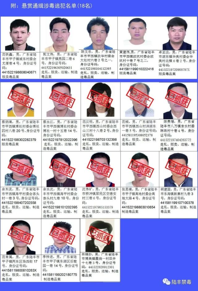2020年12月,陆丰市进一步加大悬赏力度,针对18名涉毒在逃人员悬赏80