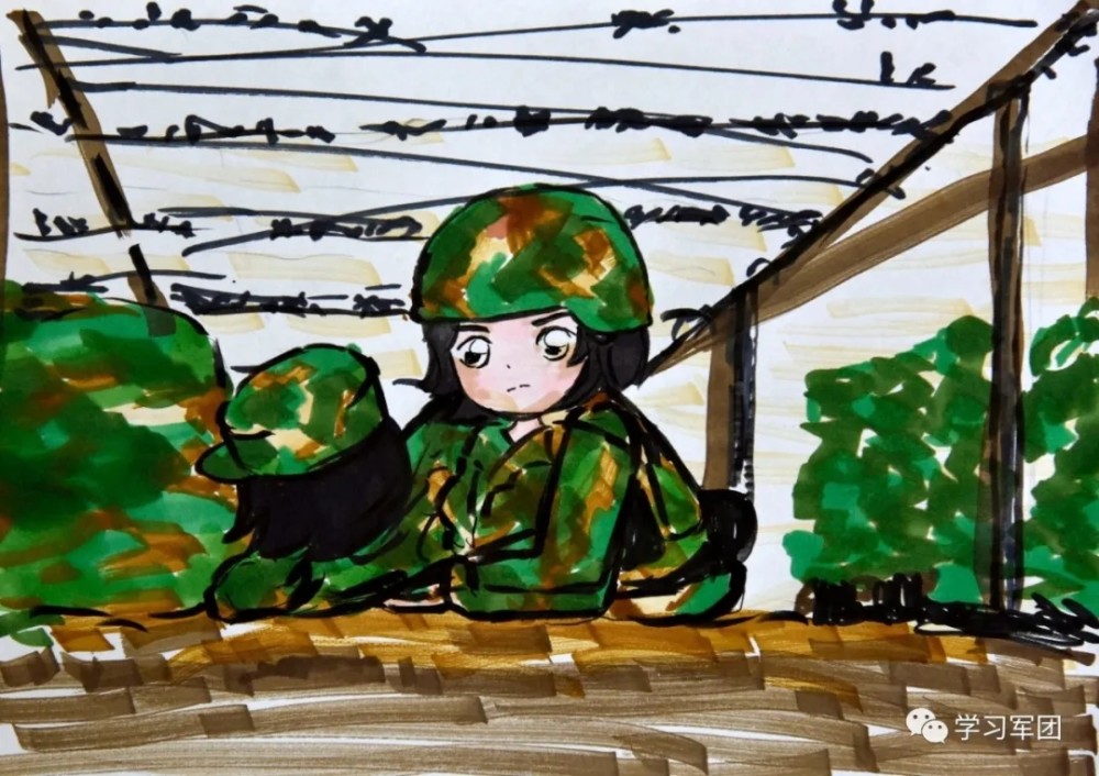 一个女兵的手绘,浅浅画笔绘就军旅情深