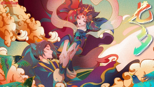 喜羊羊红太狼和灰太狼的七夕官图两人都被拟人化画风好唯美