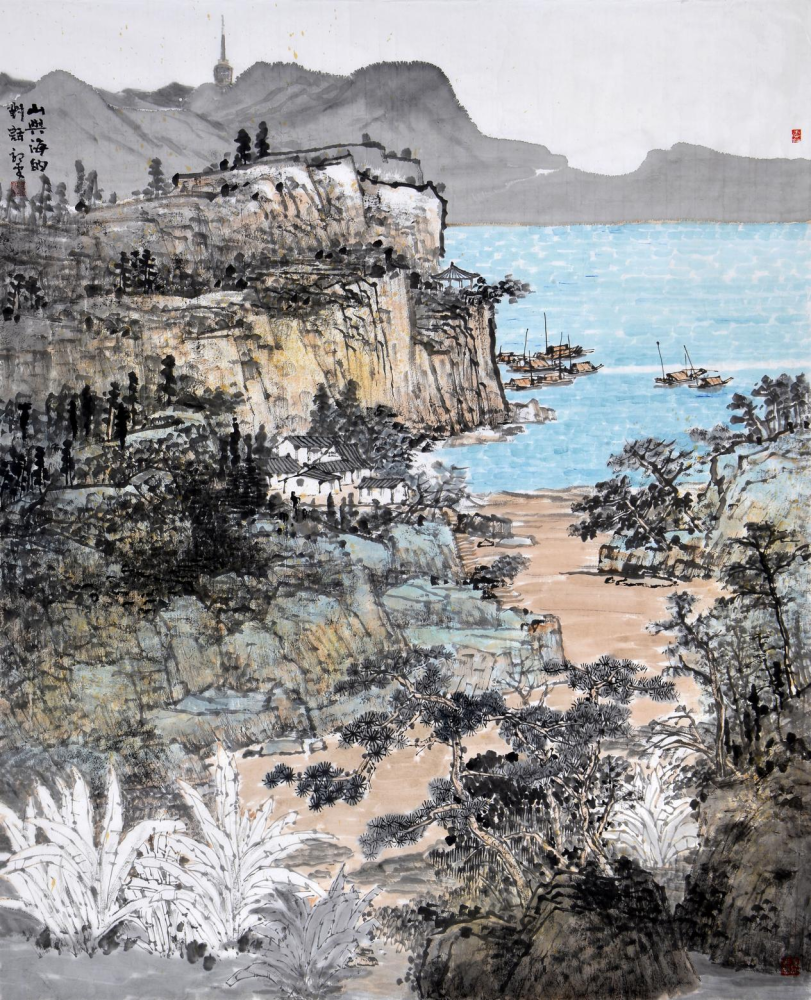 《鹏湾海语》145cm×125cm 2021年阎正:我看郭雯山水画,笔墨豪放,气势