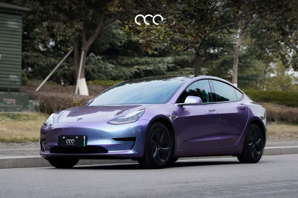 特斯拉model3汽车贴膜漫彩改色膜渐变亮面灰幻紫