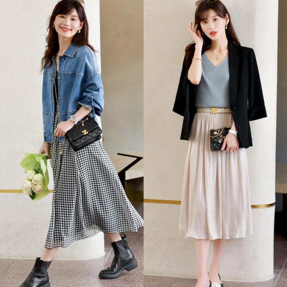 连衣裙 牛仔外套:初秋的天气,最适合穿长裙了,尤其是格纹的连衣裙,总