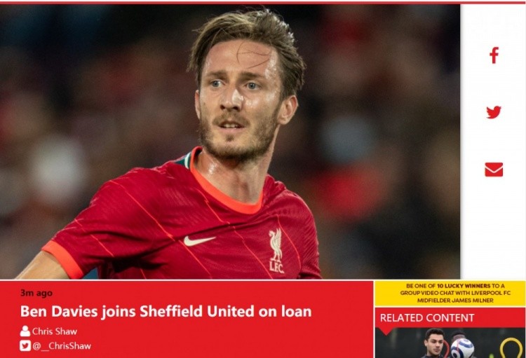 利物浦官方:本-戴维斯租借加盟谢菲尔德联