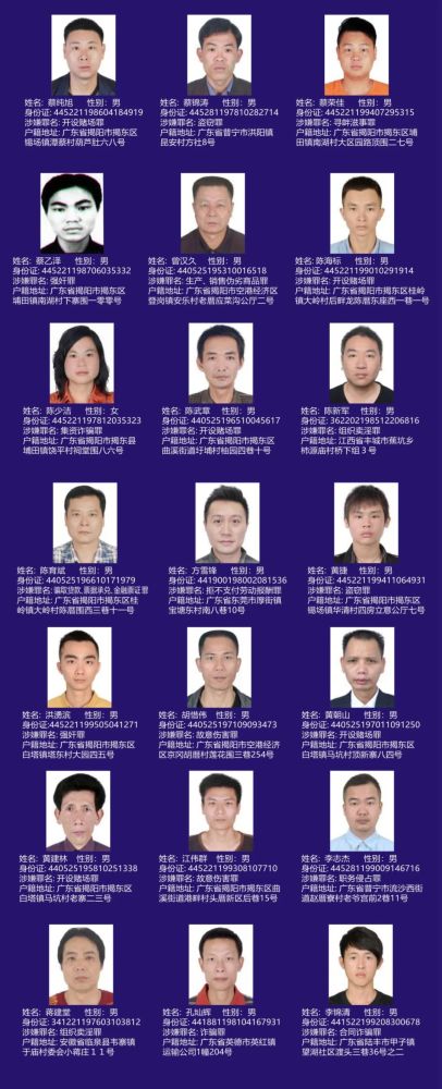 在逃人员名单:2021年8月15日揭阳市公安局揭东分局举报电话:0663-110