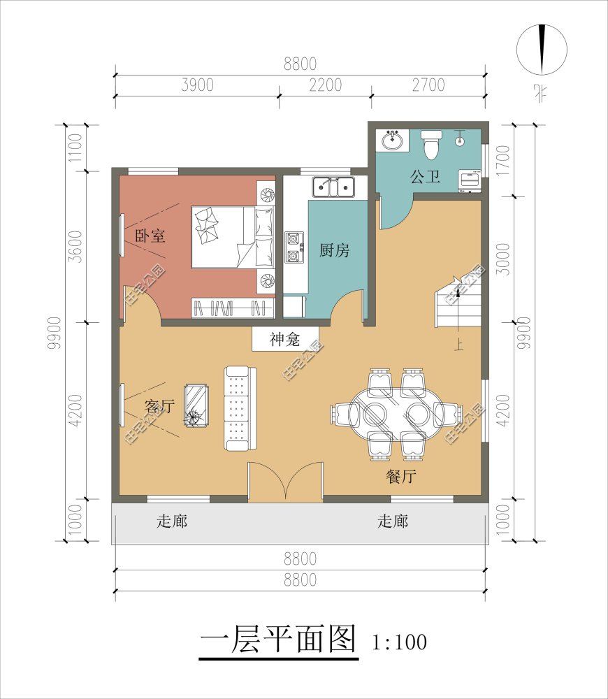 衛生間分區明確,設立在樓梯下方,室內空間利用率更高.