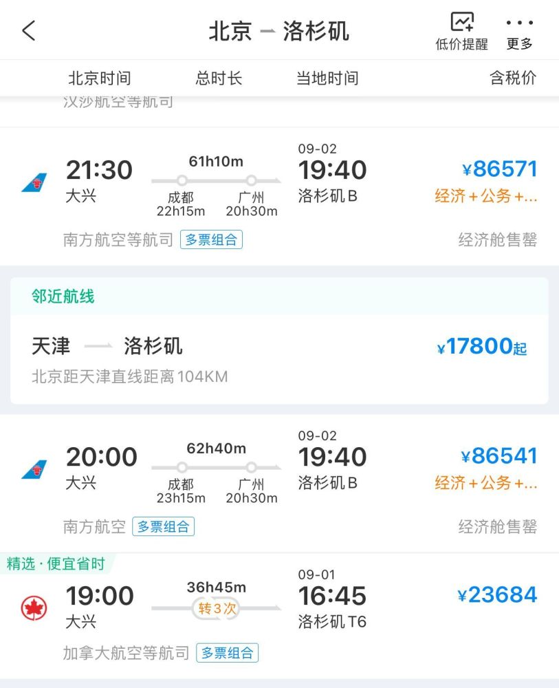 国际航班票价