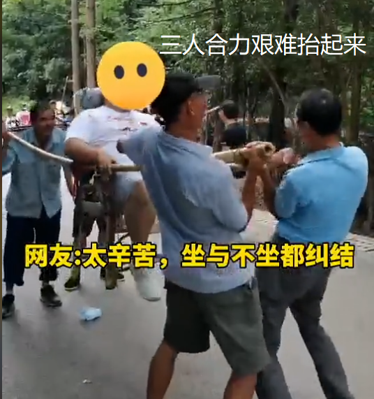 男子在景区雇轿夫抬自己上山,因太重无法抬起,画面看着令人心酸