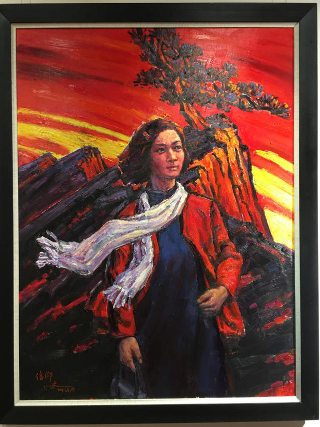 "江姐生于自贡,后来在重庆沙坪坝牺牲,这幅画以红色为主,展现她赴