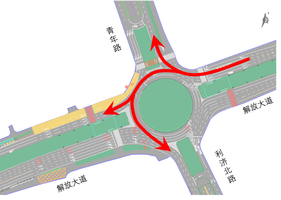 禁止通过环岛直行或左转,但行人过街有单独信号灯可以直接看灯通行