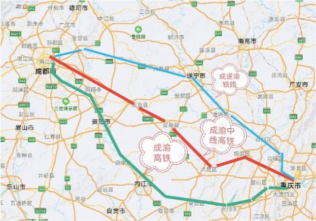 成渝中线高铁全长292公里,由重庆北至成都站,两地直线距离267公里,曲