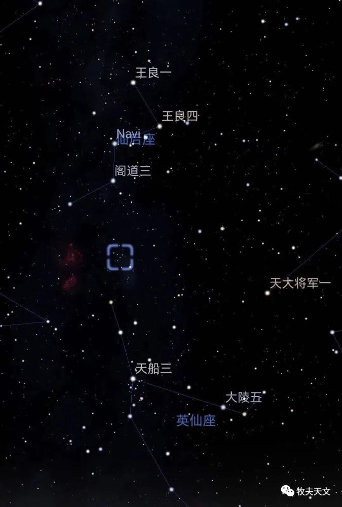 英仙座双星团的位置(图中方框)