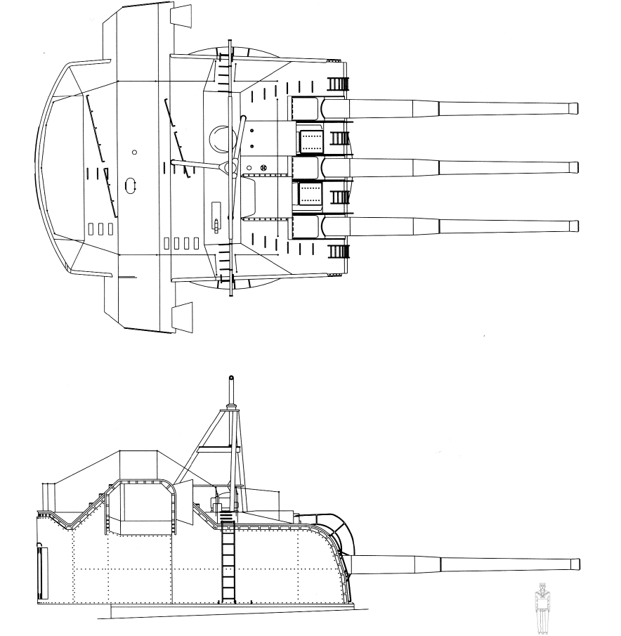 毫米三联装炮塔(大和级副炮)线图(上图)"大和"号的155毫米三联装副炮