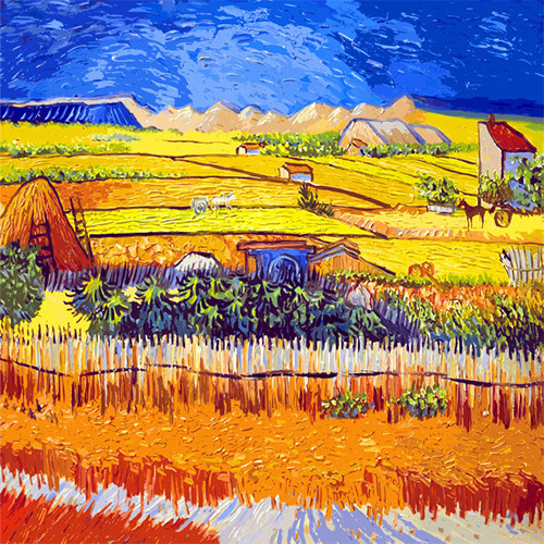 (梵高阿尔的麦田,可以看出已经与印象派明显不同,不讲明暗和光,只突出