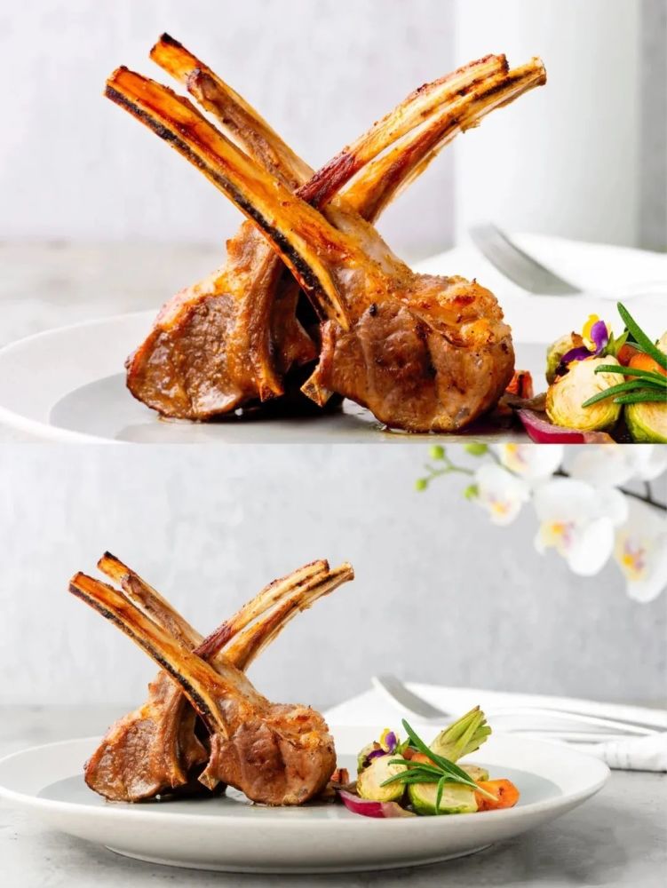 法式香煎羊排比较标准的摆盘造型就像一对对交叉的长枪,通常被形象的