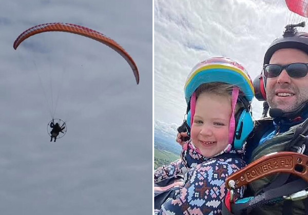 英国一名2岁小女孩和父亲一起乘滑翔伞在200米高空飞翔boskruin是哪里