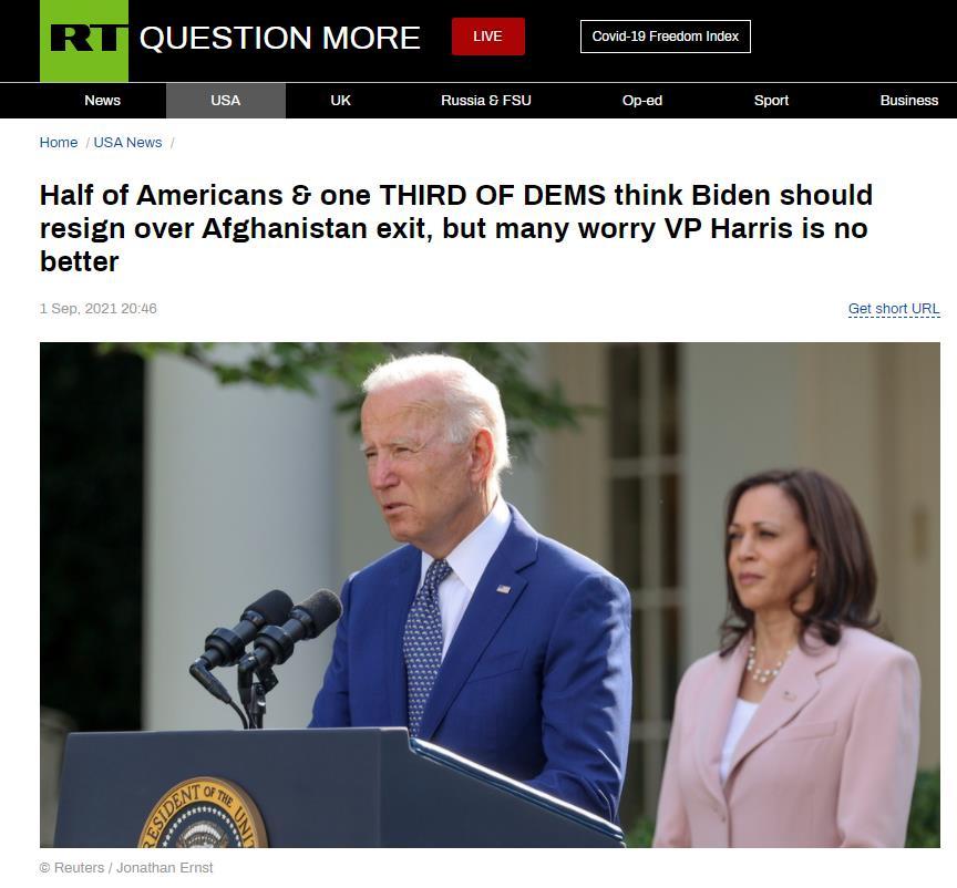 撤军一团糟!民调显示过半美国人认为拜登该辞职,哈里斯也不够格当总统