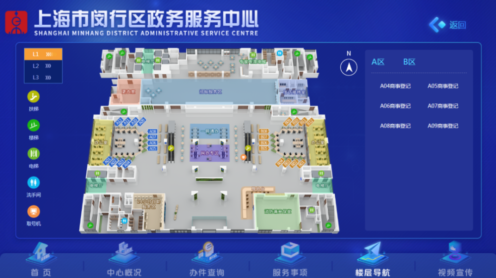 目前大厅一楼业务办理分4个区域:开办企业"一窗通"服务专区,商事登记