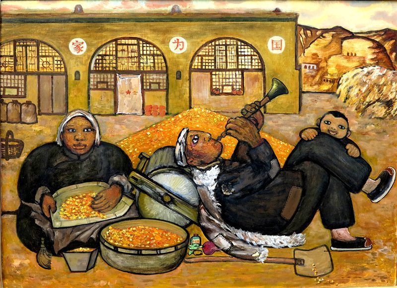 陕北民俗油画:丰收时节_腾讯新闻