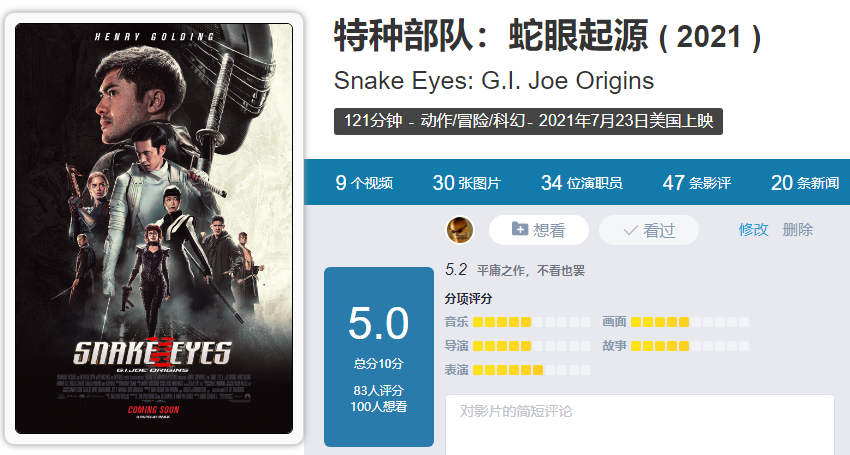 今天聊聊电影《特种部队:蛇眼起源》.片名 snake eyes: g.i.