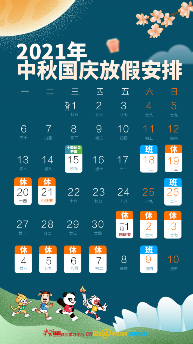 2021年国庆节假期安排为:10月1日至7日放假调休,共7天.