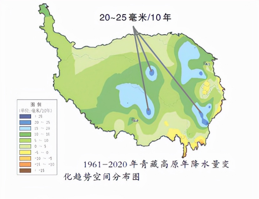 降水量的监测依旧是从1961年开始至2020年,青藏高原的年降水量平均每