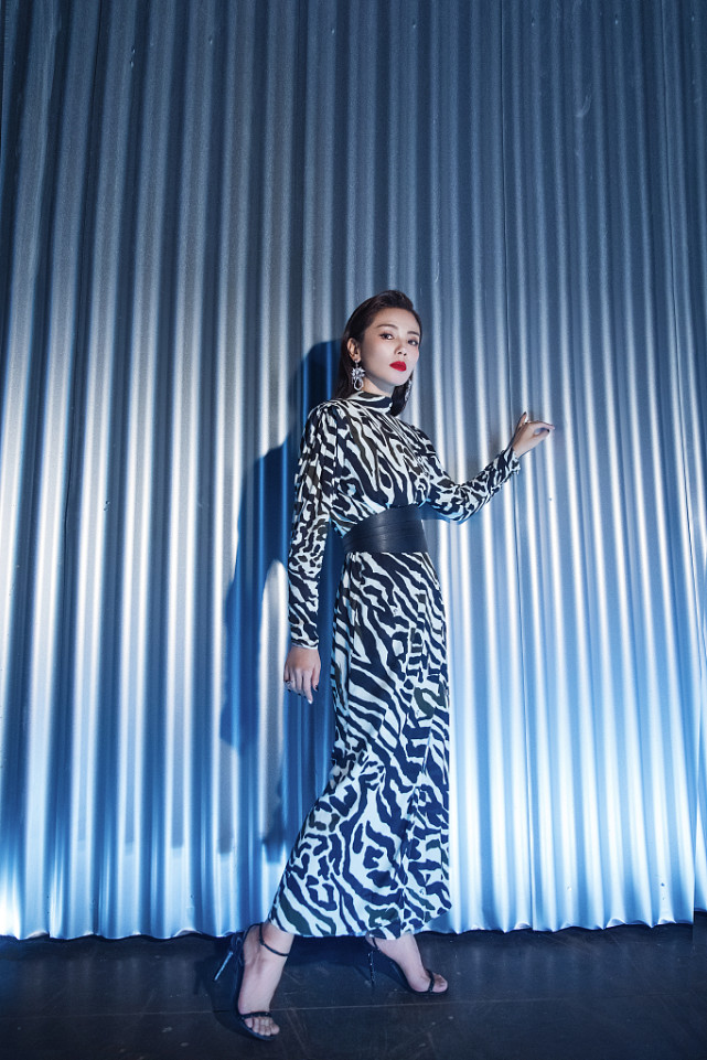 刘涛穿斑马纹长裙梳背头 配红唇酷飒满分