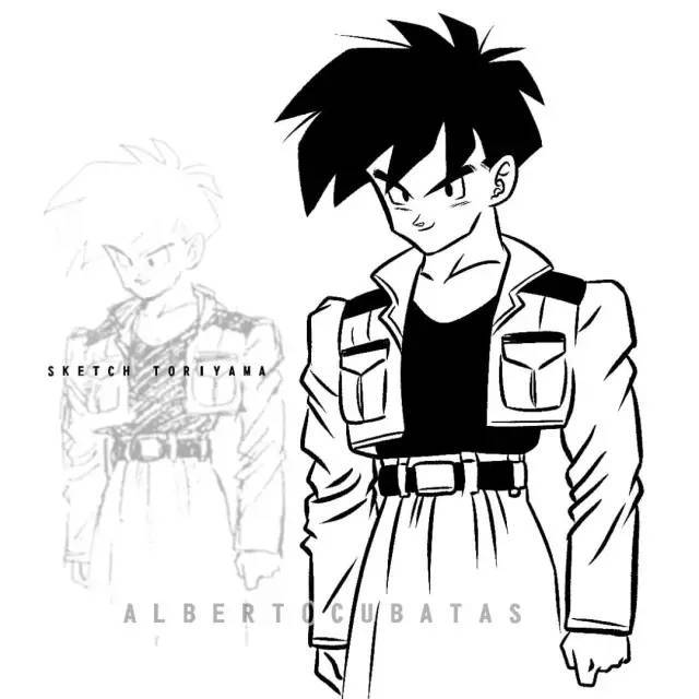 鸟山明初次设计高中时期的悟饭时还是沿用了沙鲁篇那会的发型,穿着有