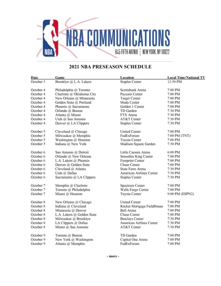 nba公佈季前賽完整賽程!13天66場大戰 湖人10月4日首戰籃網