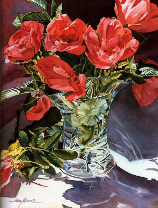 花卉花瓶静物,水彩绘画作品